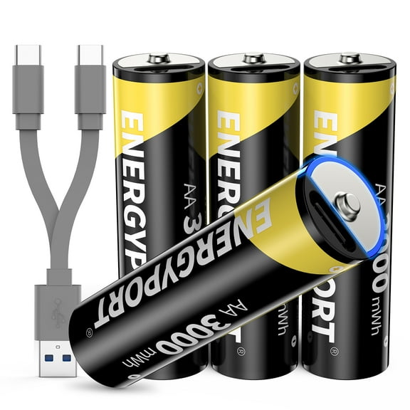 4 Pack Lithium AA Batteries, Rechargeable Double A Battery 1.5V 3000mWh with USB-C Cable, 2H Fast Charge, Over 1600 Cycles