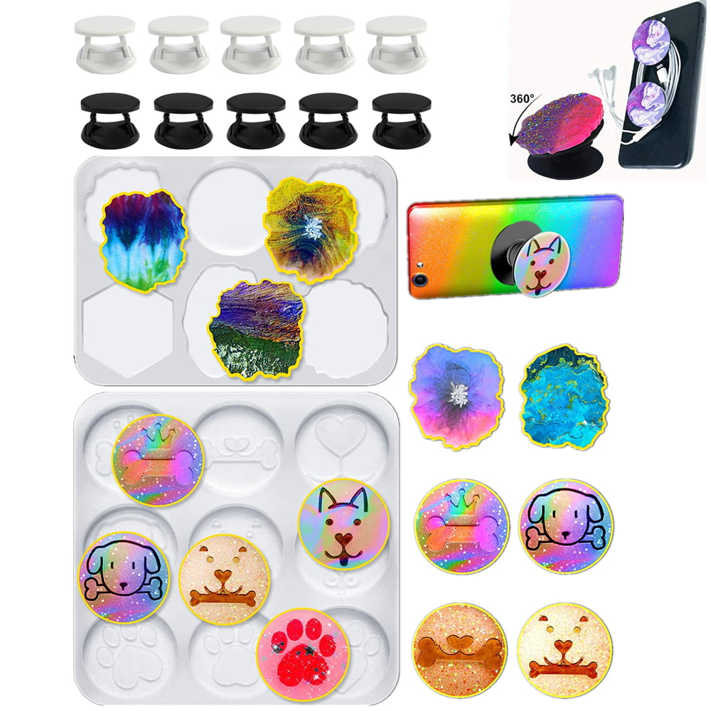 Silicone Phone Grip Mold 9-Cavity Pet Shape Silicone Mold and 6-Cavity Circle Hexagon Irregular Mold 2 Pcs Phone Grip Resin Mold Pattern Phone Mold for DIY Crystal Casting Crafts Making 