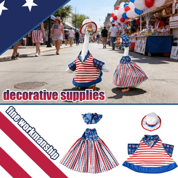 ZLKMQM 4th of July Goose Outfit Set for 17"/23'' Plastic Lawn Porch Goose Statue Clothes Patriotic Skirt with Hat Independence Day Costume for 4th of July Outdoor Patio Yard Lawn