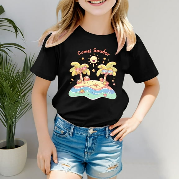 Shirts for Girls Island Graphic Tops Short Sleeve Crew Neck Black Summer Breathable Soft Trendy Shirts for Girls Size 18-24 M