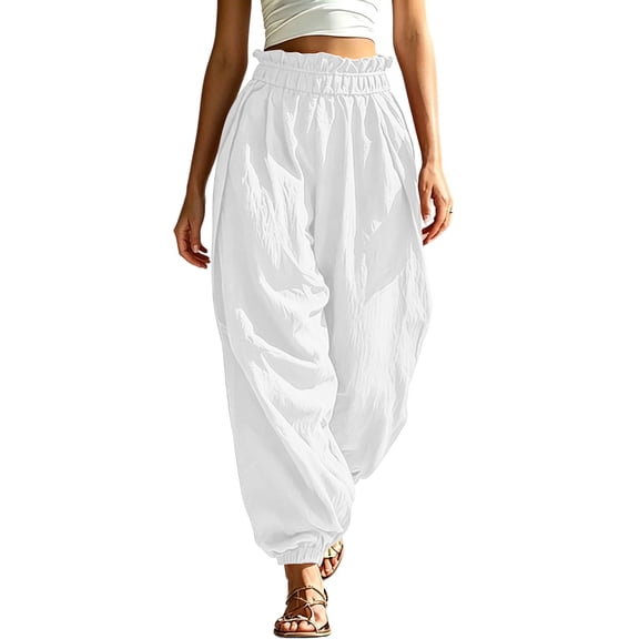 Cotton Barrel Pants Women Wide Leg Elastic Waist Pleated Harem Pants Casual Beach Vacation Trousers with Pockets