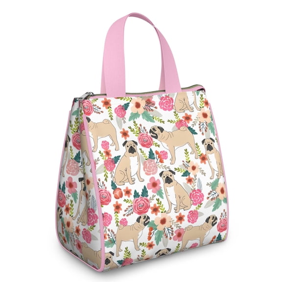 Pugs and Pioneer Flower Insulated Lunch Bag for Women & Adults,Large Portable Soft Cooler Lunch Bag,Thermal Food Storage Tote with Pearl Cotton,8.66L,8.75x5.75x9.5 Inch