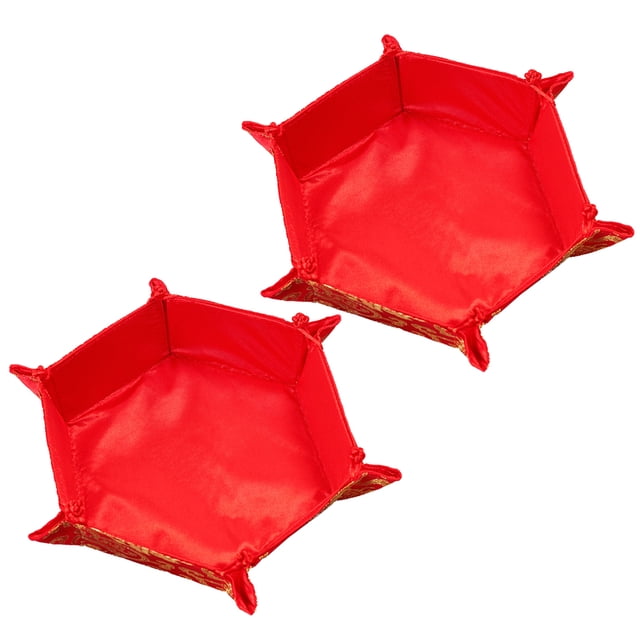 2pcs Brocade Fabric Candy Container Dried Food Plate Chinese Style for Wedding Spring Festival (Random Pattern Red)