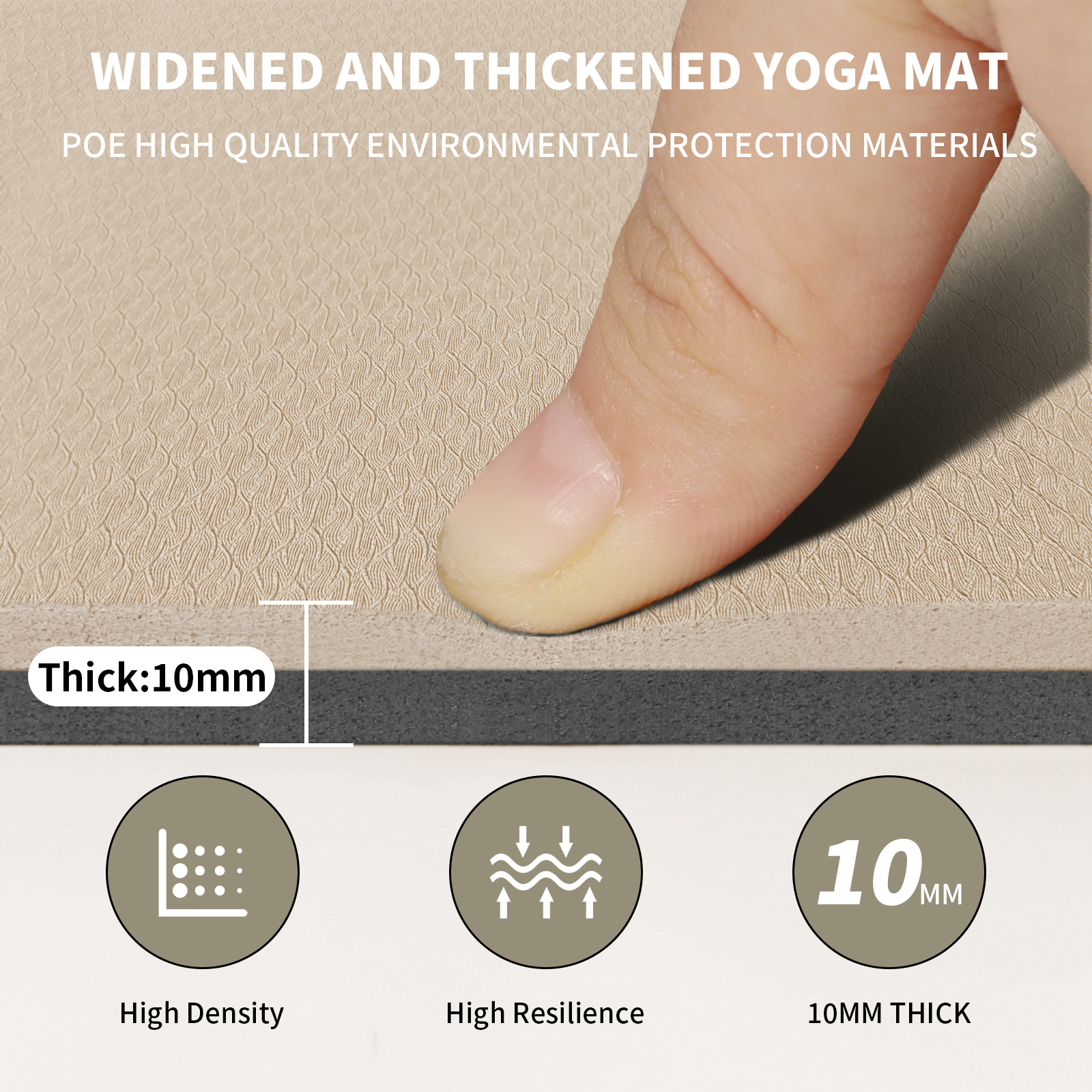 Frach Large Yoga Mat（6'×4')- TPE 10mm Extra Thick Non-Slip Mats with strap for Home Workout/Pilates(Beige + Black)