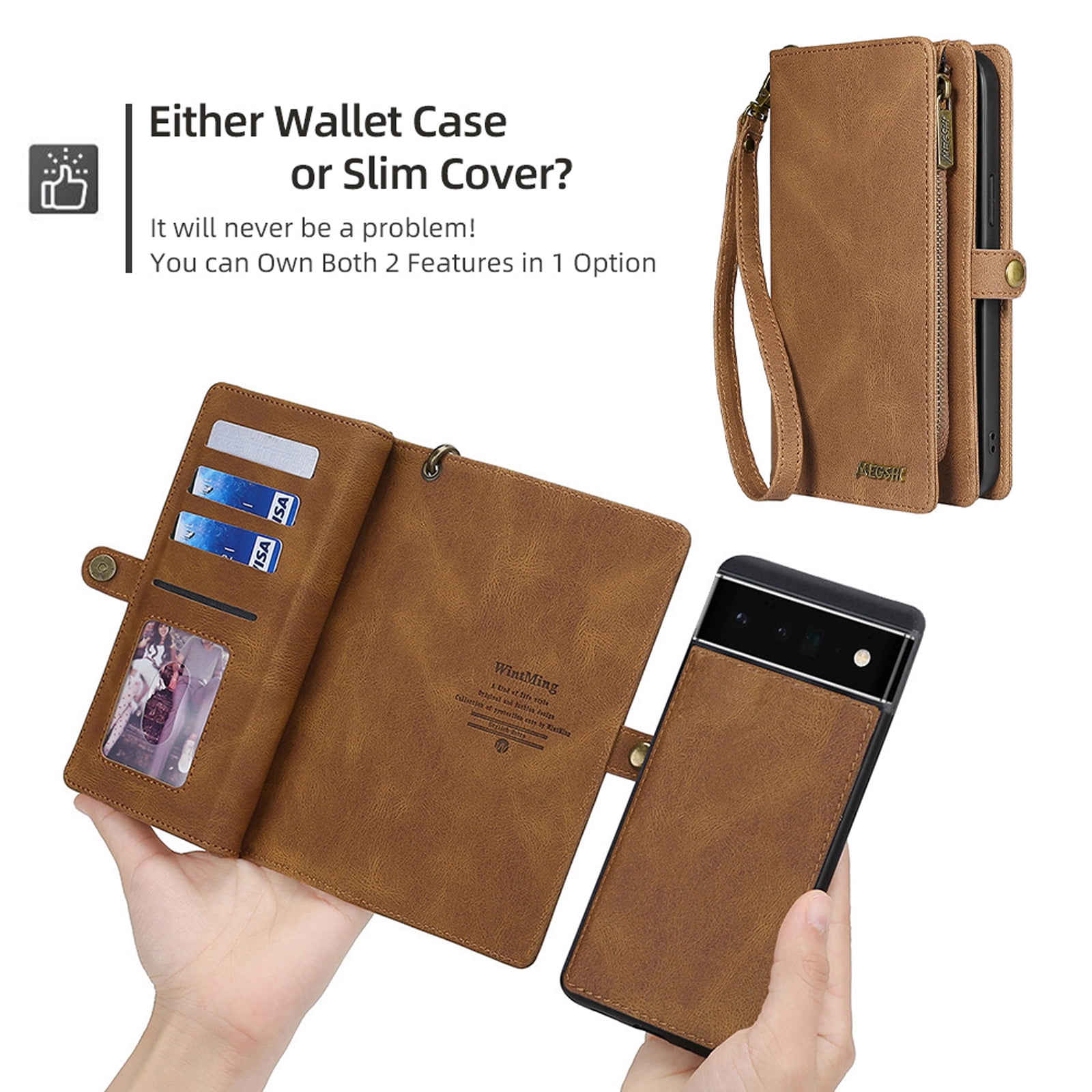 Defencase for Google Pixel 7 Pro Case for Women Men, Removable Durable PU Leather Magnetic Flip Strap Wristlet Zipper Purse Card Holder Detachable Wallet Phone Cases for Google Pixel 7 Pro, Brown
