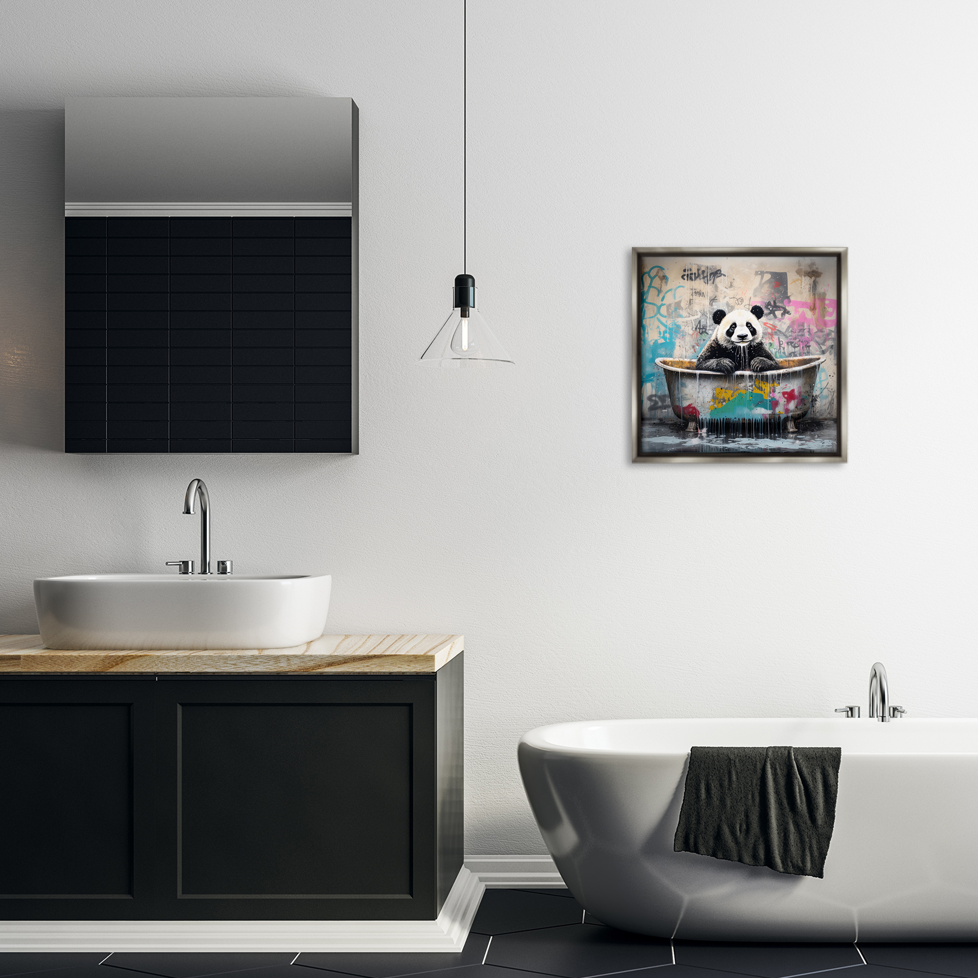 Stupell Industries Graffiti Bathing Panda Typography Painting Gray Floater Framed Canvas Art Print Wall Art, 18 x 18