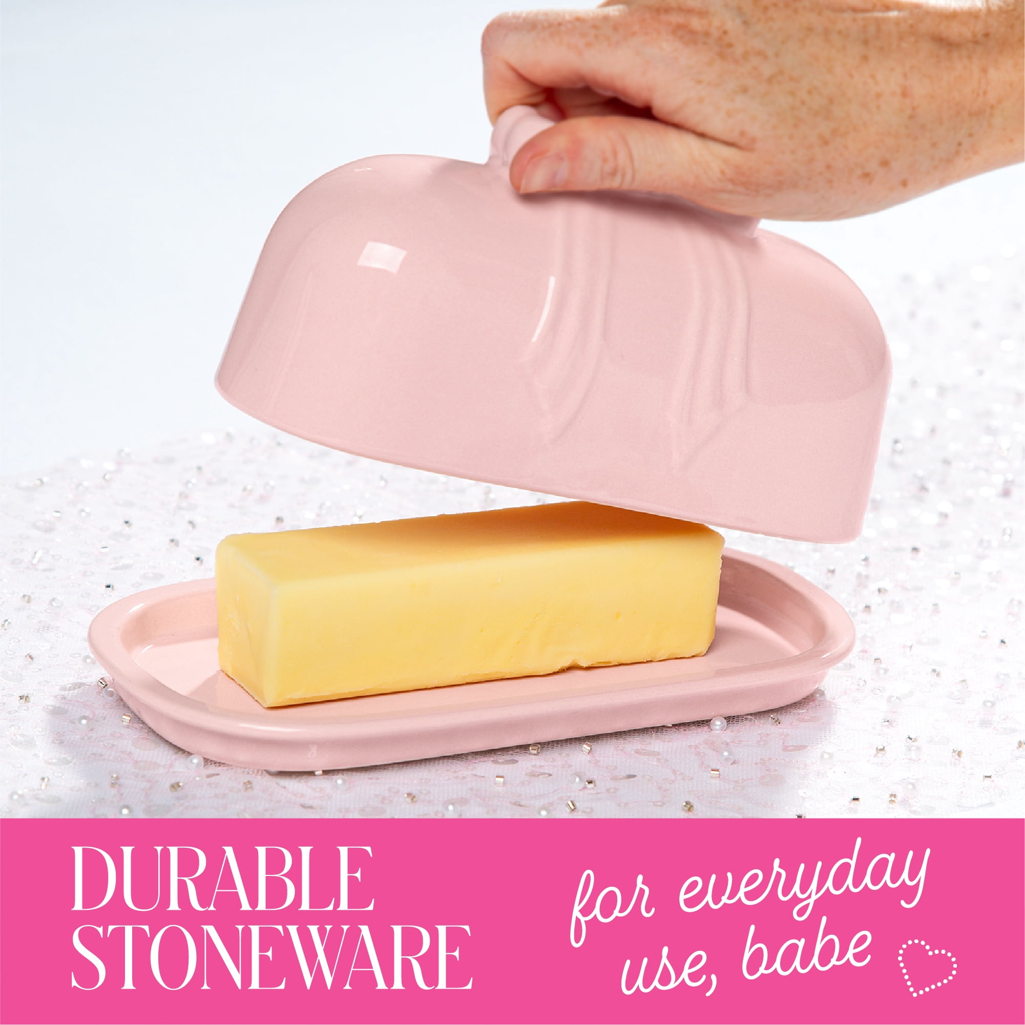 Paris Hilton London Collection Stoneware Bow Butter Dish, 2-Piece Stoneware, Microwave & Dishwasher Safe, Blush Pink
