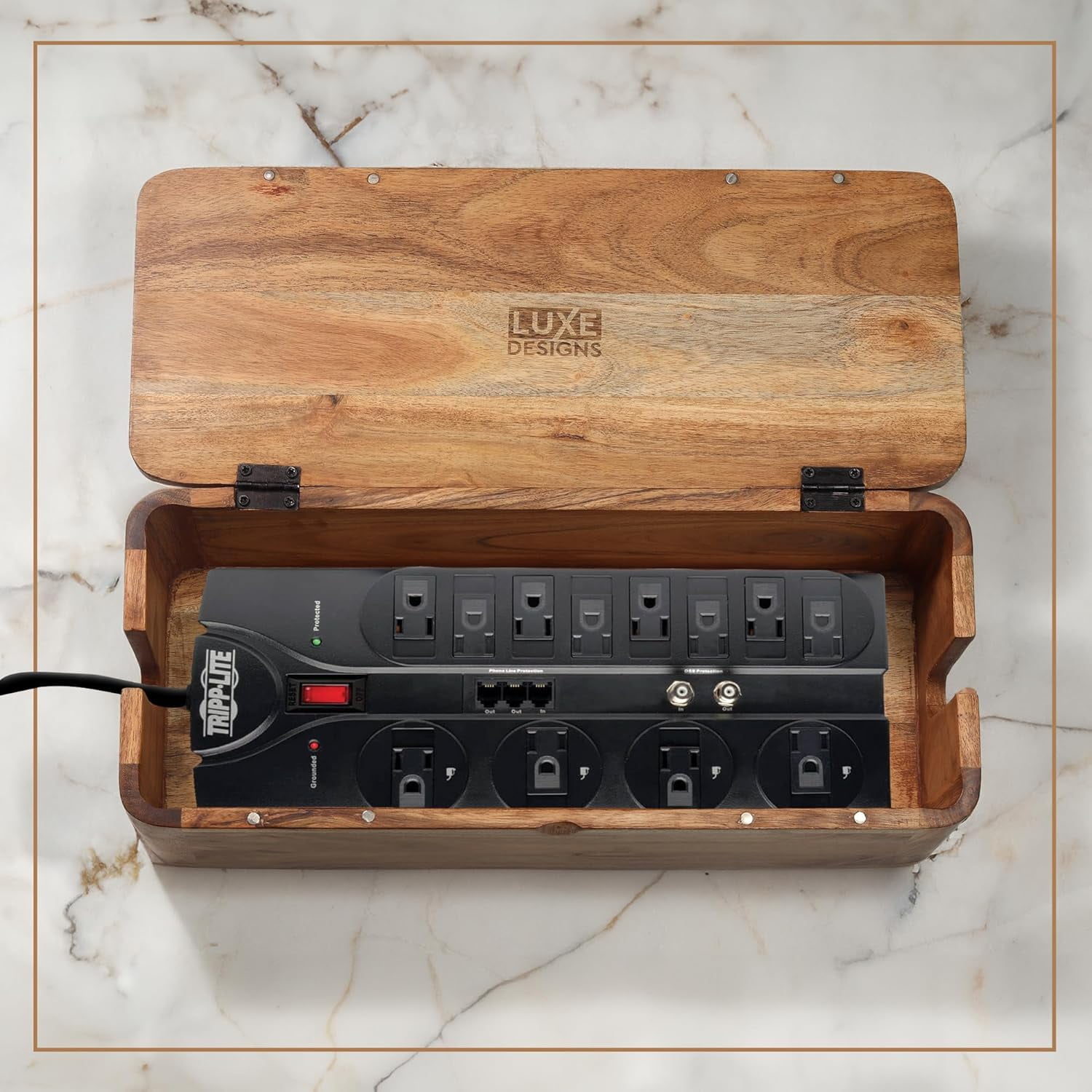 Luxe Designs Large Cable Management Box - Acacia Wood Cable Organizer Box and Power Strip Box for Electrical Cord Management - Desk Cord Hider - Wire Storage and Organization for Cords