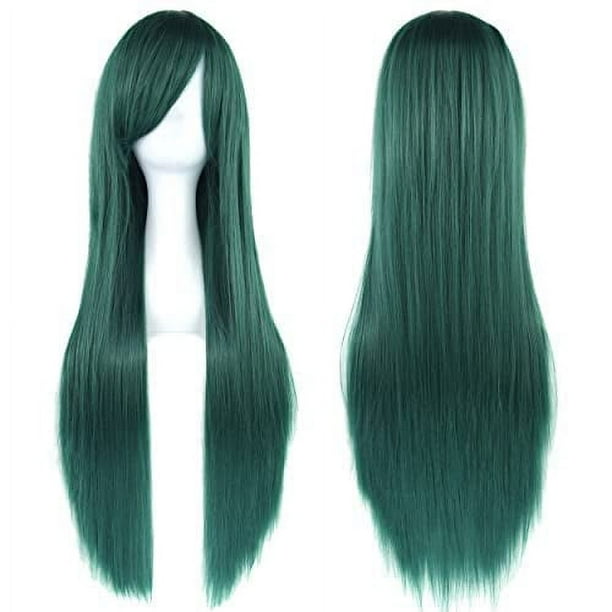 Zhuge Pelucas de cabello natural liso de 80 cm de largo con flequillo para cosplay, peluca colorida para fiesta de disfraces de Halloween para niña (verde oscuro)