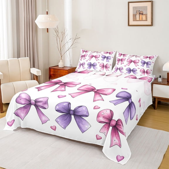 Feelyou Watercolor Ribbon Teen Full Size Sheets, Love Heart Bowknot Bed Sheets, 4 Pieces