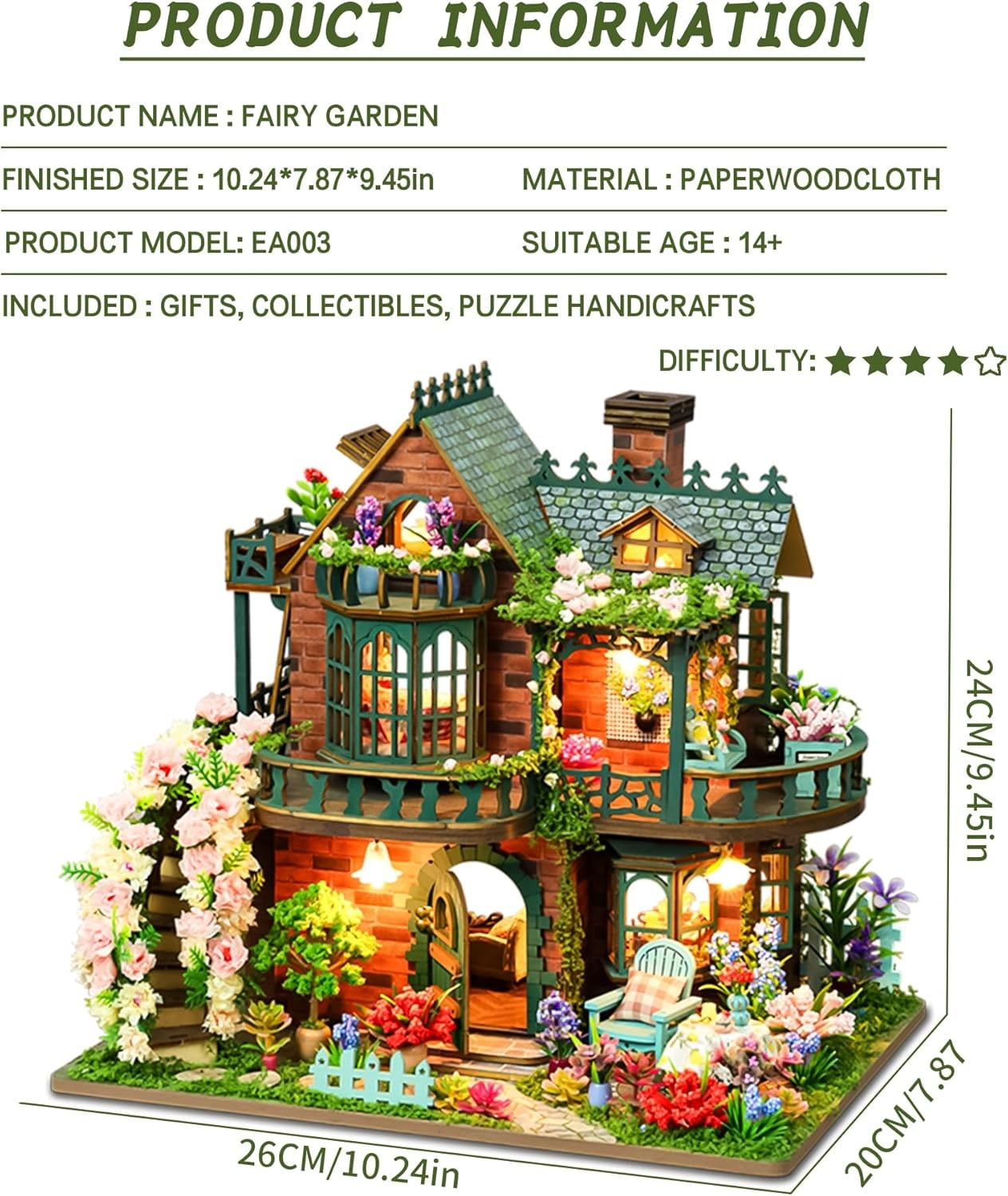 Elven Garden DIY Book Nook Kit w/LED - 3D Wooden Dollhouse Craft Kit for Adult