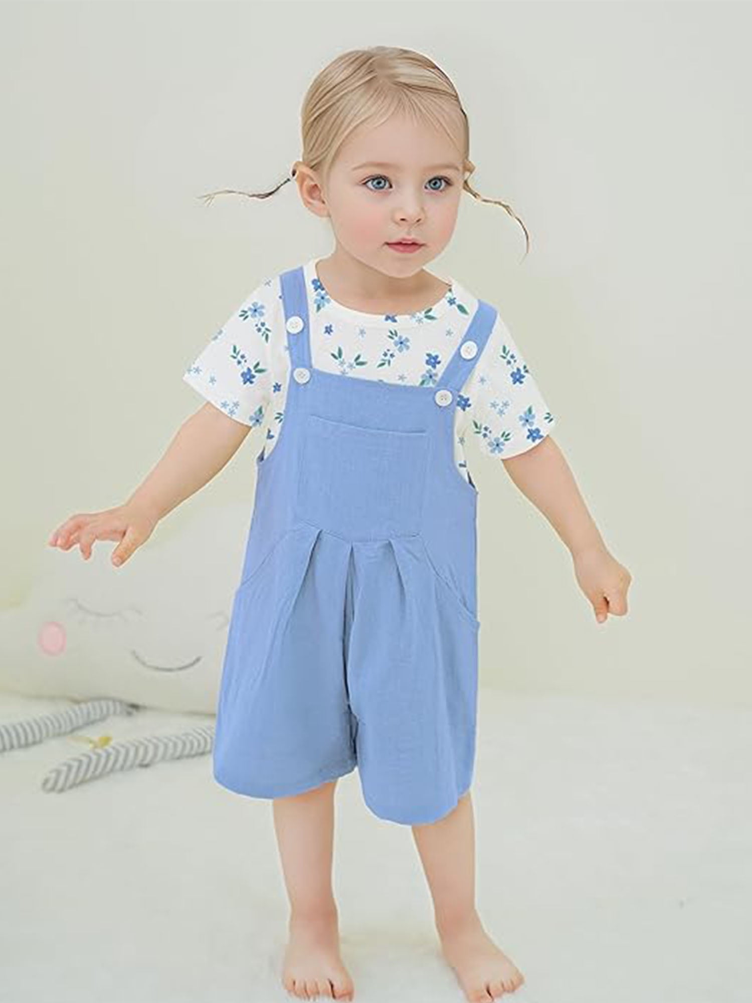 CARETOO Toddler Girl Clothes 2Pcs Baby Girl Outfits Floral T-Shirt Bib Overall Shorts Clothing Set