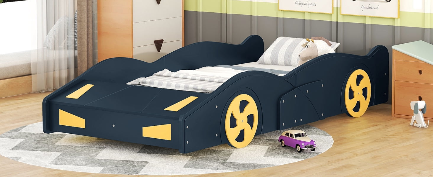 Twin Size Platform Bed with Wheels and Storage, Dark Blue+Yellow