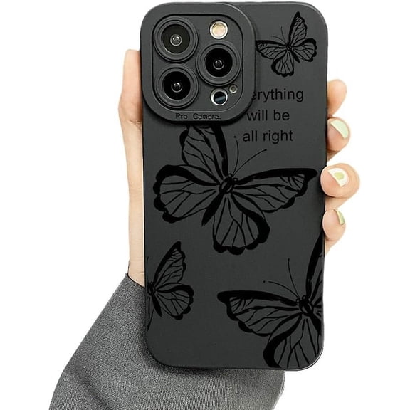 Designed for iPhone Case,Cute Matte Simple Line Butterfly Pattern Silicone Camera Lens Protection Shockproof Cover Phone Case (iPhone 12 Pro,Black)