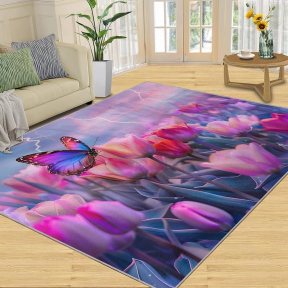 Butterfly Rugs for Bedroom, Flower Rug, Landscape Rugs for Living Room, Soft Non Slip Washable Indoor Carpet Home Decor-4' x 5'