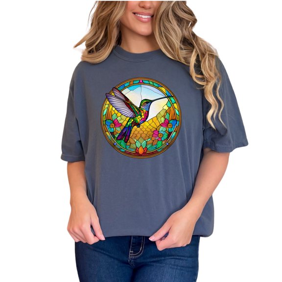 Colorful Hummingbird Stained Glass Art T-Shirt, Vibrant Nature Design Tee, Bird Lovers Shirt, Nature Enthusiast Gift, Unique Art Top, Denim Comfort Colors T-Shirt, Small