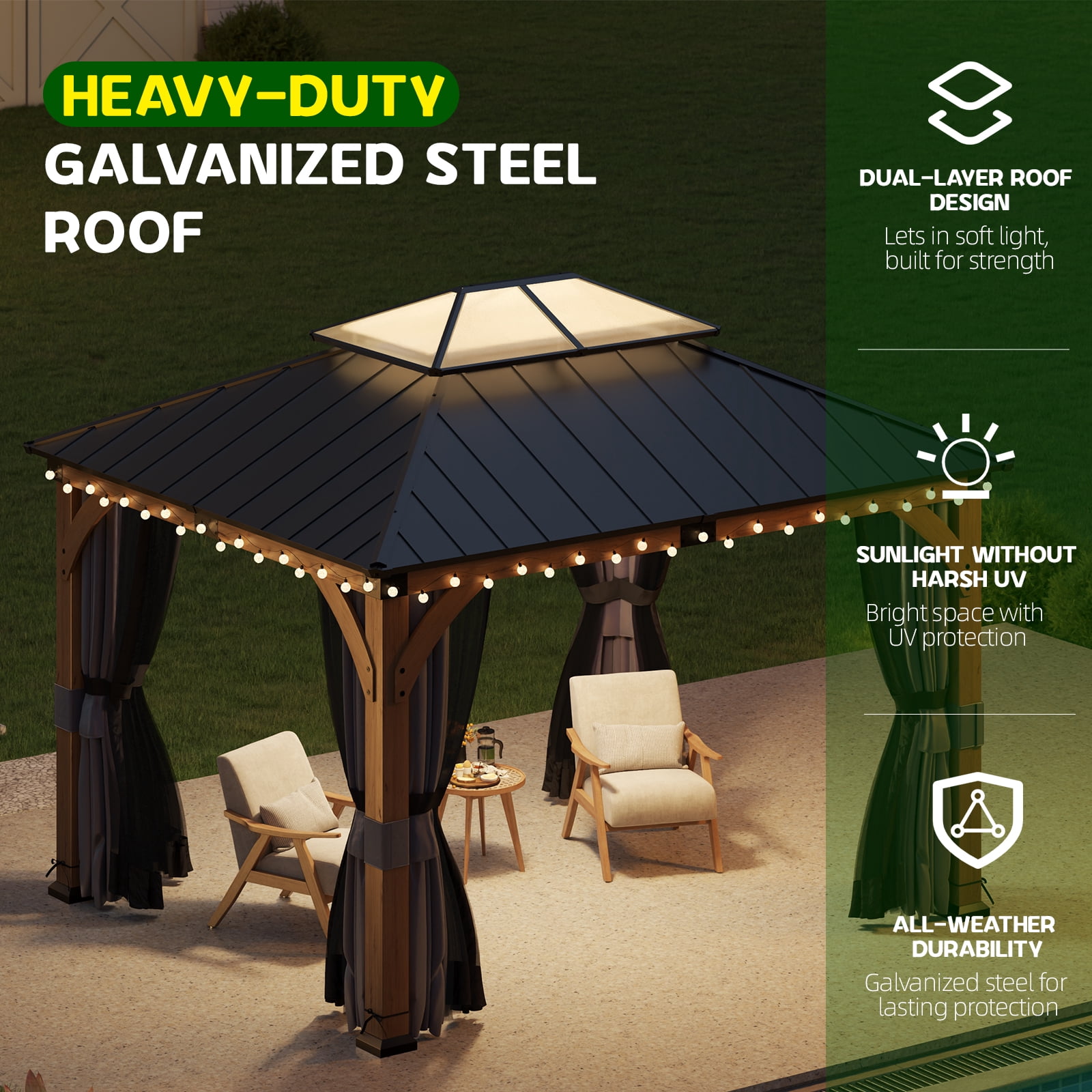 10x12 ft Cedar Wood Gazebo with Mosquito Netting & Hardtop Steel Roof