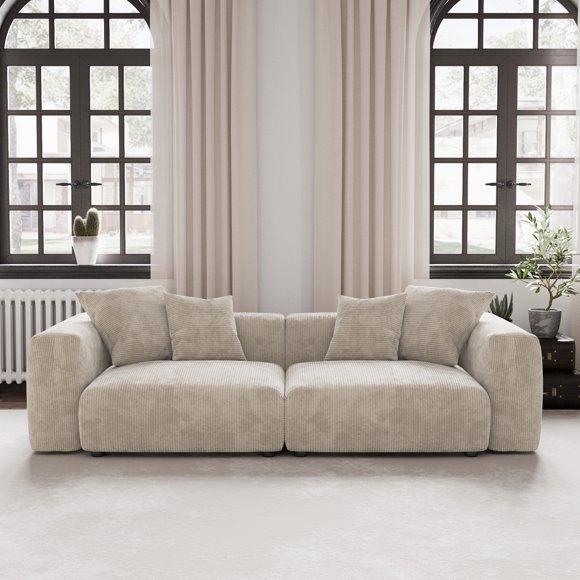 bokifol 102"Modular Sectional Sofa,Comfy Cloud Couch Sectional Sofa,Corduroy Sofa Sleeper Deep Seat Sofa with Throw Pillows for Living Room,Beige