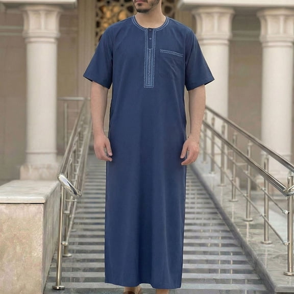 Yaoyar Men's Fashionable Short-Sleeved Embroidered Robe, Loose Round Neck, Pockets, Muslim Pullover Robe