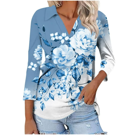 3/4 Sleeve Tops for Women Casual V Neck Collared Floral Blouses Summer Trendy Tunic Loose Fit Boho Tee Tops