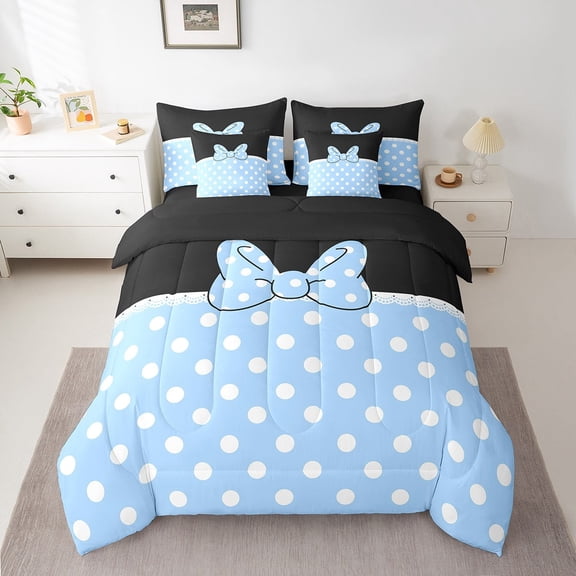 Manfei Kawaii Polkadots Bowknot Twin Bedding Sets 7-Piece, Fairy Tale Princess Bedding Comforter Set, Girly Cute Blue Bow Reversible Sheet Sets, Lightweight Room Decor