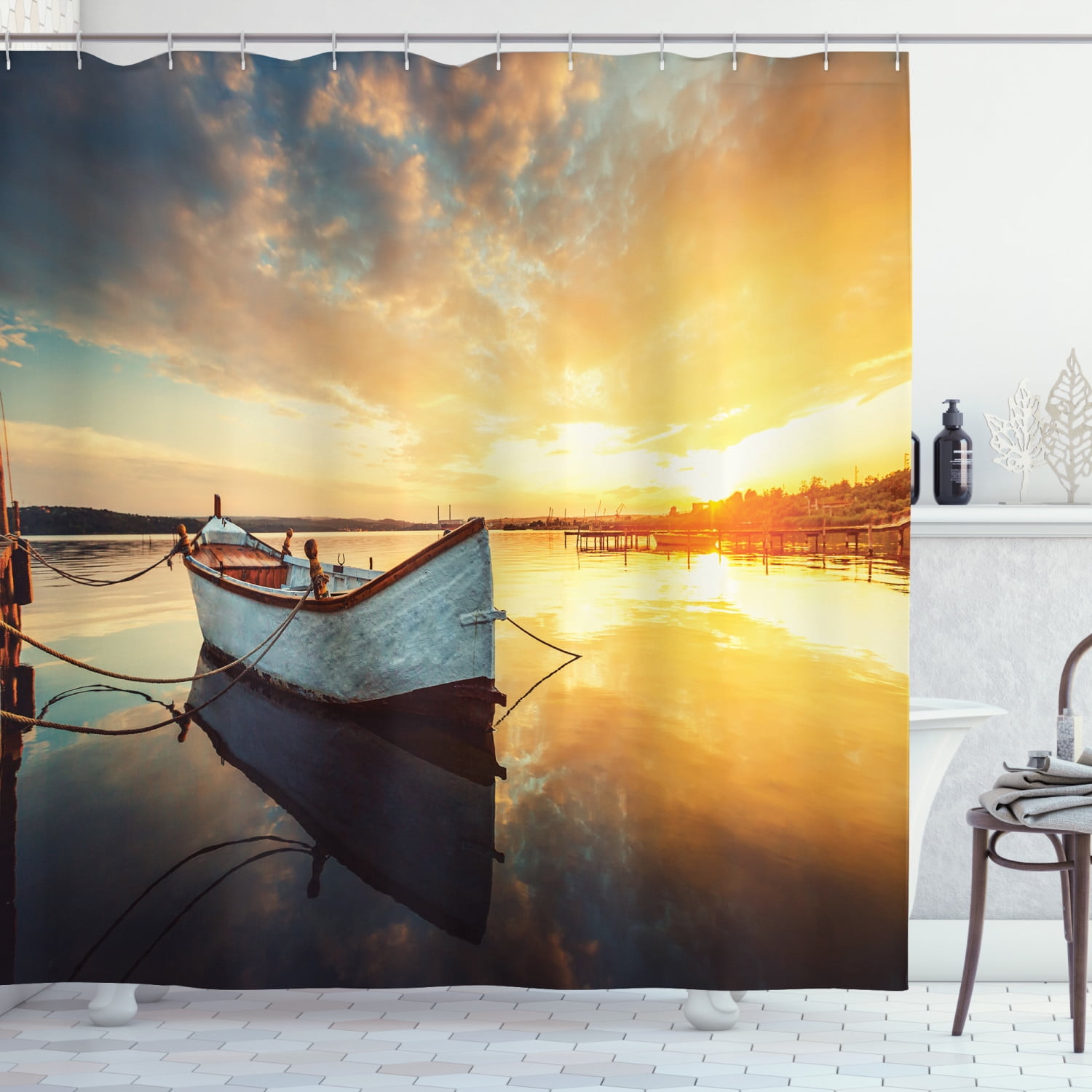 Lake House Shower Curtain Small Boat, Harbor House Shower Curtain