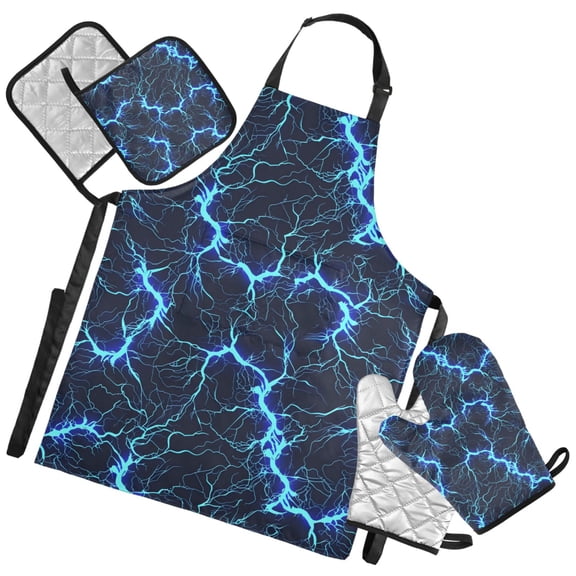 Ryvnso Blue Lightning Kitchen Apron Oven Mitts Set Pot Holders