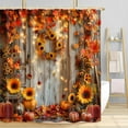 thumbnail image 2 of Fall Barn Door Shower Curtain, Pumpkin Maple Leaves Thanksgiving Harvest Autumn Farmhouse Bathroom Curtains, Rustic Sunflower Country Wooden Bathroom Accessories Set with Hooks, 72x72IN, 2 of 6