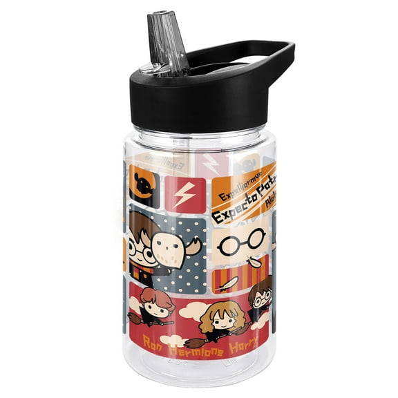 Harry Potter Kids Tritan Plastic Water Bottle with Straw Lid and Handle, Reusable Tumbler for Toddlers, Unisex for Girls and Boys, 12oz, Cute Chibi Pattern