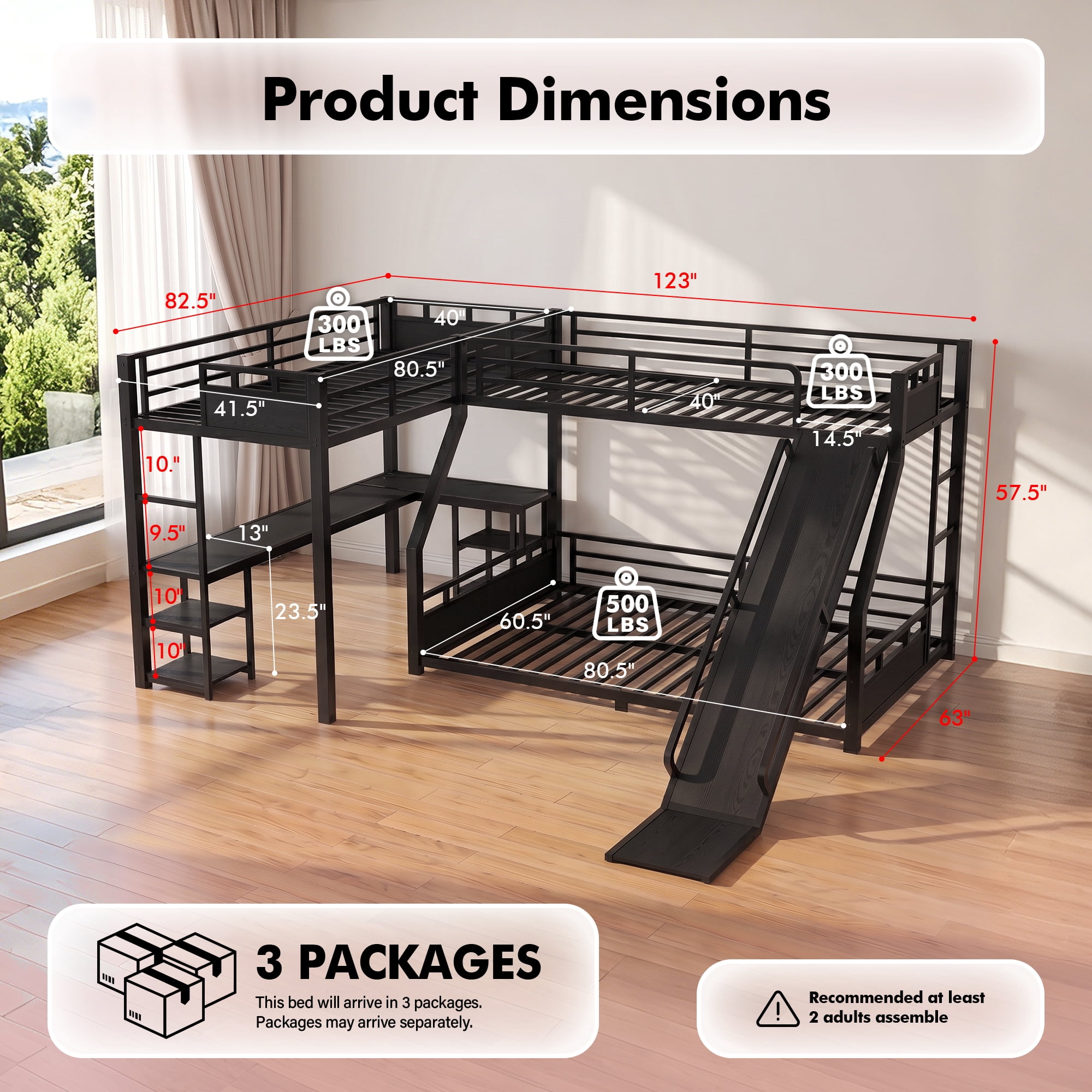 Aukfa L-Shaped Metal Triple Bunk Bed with Desk, Shelves, USB Ports and Slide, Twin XL over Queen Bunk Bed for Three Kids, Black