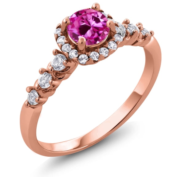 Gem Stone King Round Pink and White Created Sapphire 0.97 Ct 18K Rose Gold Plated Silver Ring (Size 6)