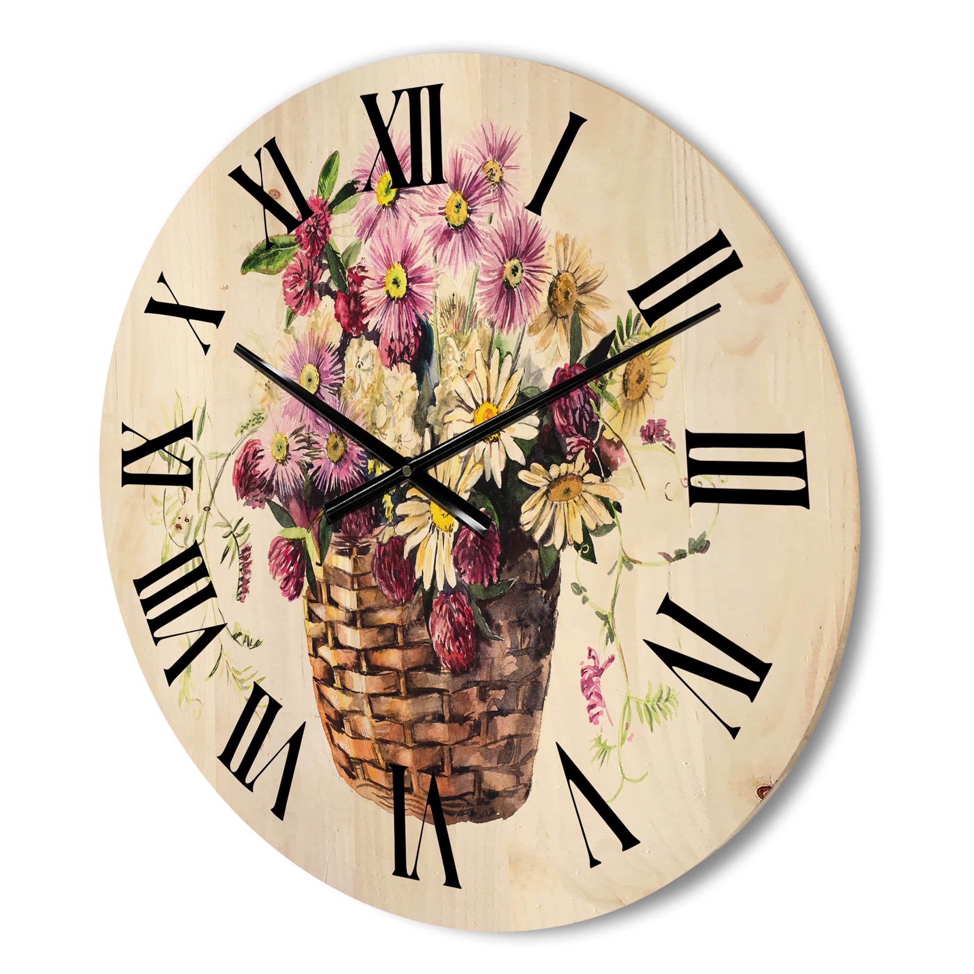 Designart 'The Basket Bouquet From Meadow Flowers' Traditional Wood Wall Clock