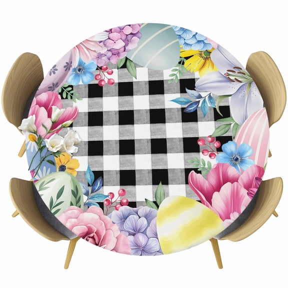 Round Table Cover 55-60 Inch Easter Eggs Waterproof Reusable Table Cloth Round Fitted Vinyl Tablecloth with Elastic Edged for Parties Outdoors, Spring Floral Berry Leaves Botanical Black Plaid