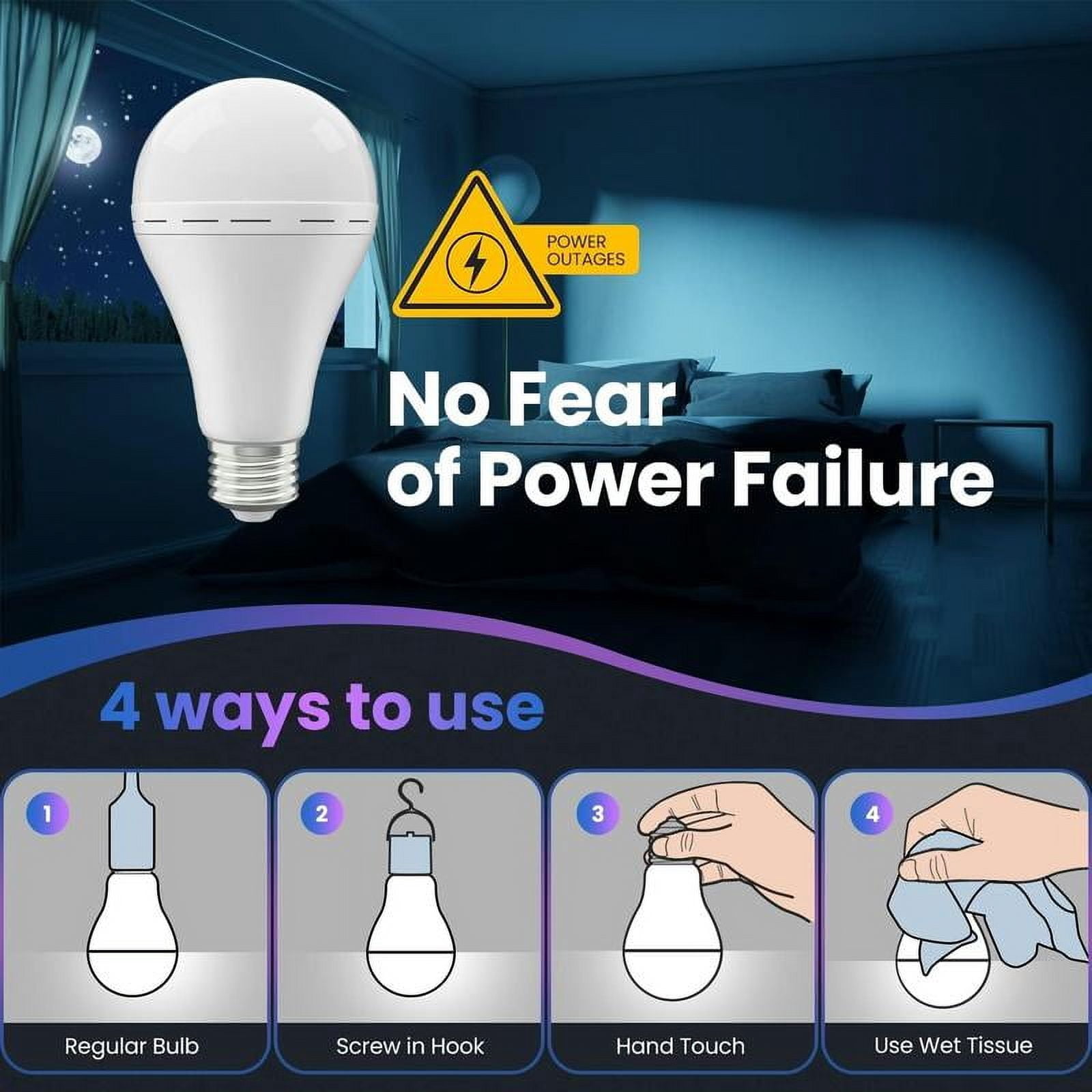 4 Pack Rechargeable Emergency Light Bulbs A19, Camping Lamp Battery Powered LED Light Bulb 6000K Daylight E26 E27 120 Volt 12W 60W Equivalent with 1200mAh for Home Power Outage Camping Hurricane