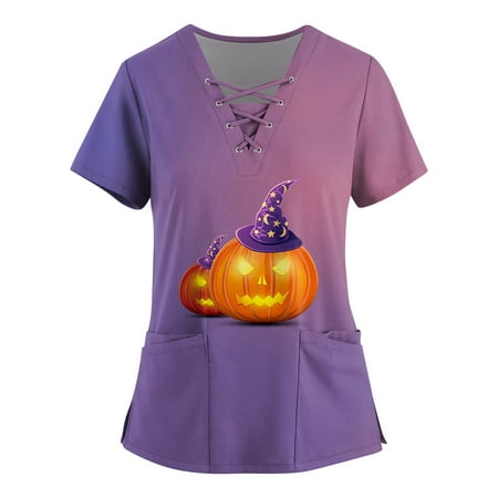 

Knosfe Plus Size Scrubs Short Sleeve Medical Nurse Halloween Maternity Scrub Top Pumpkin Ghost Bat Workwear V Neck Womens Petite Tops with Two Pockets Dark Purple S