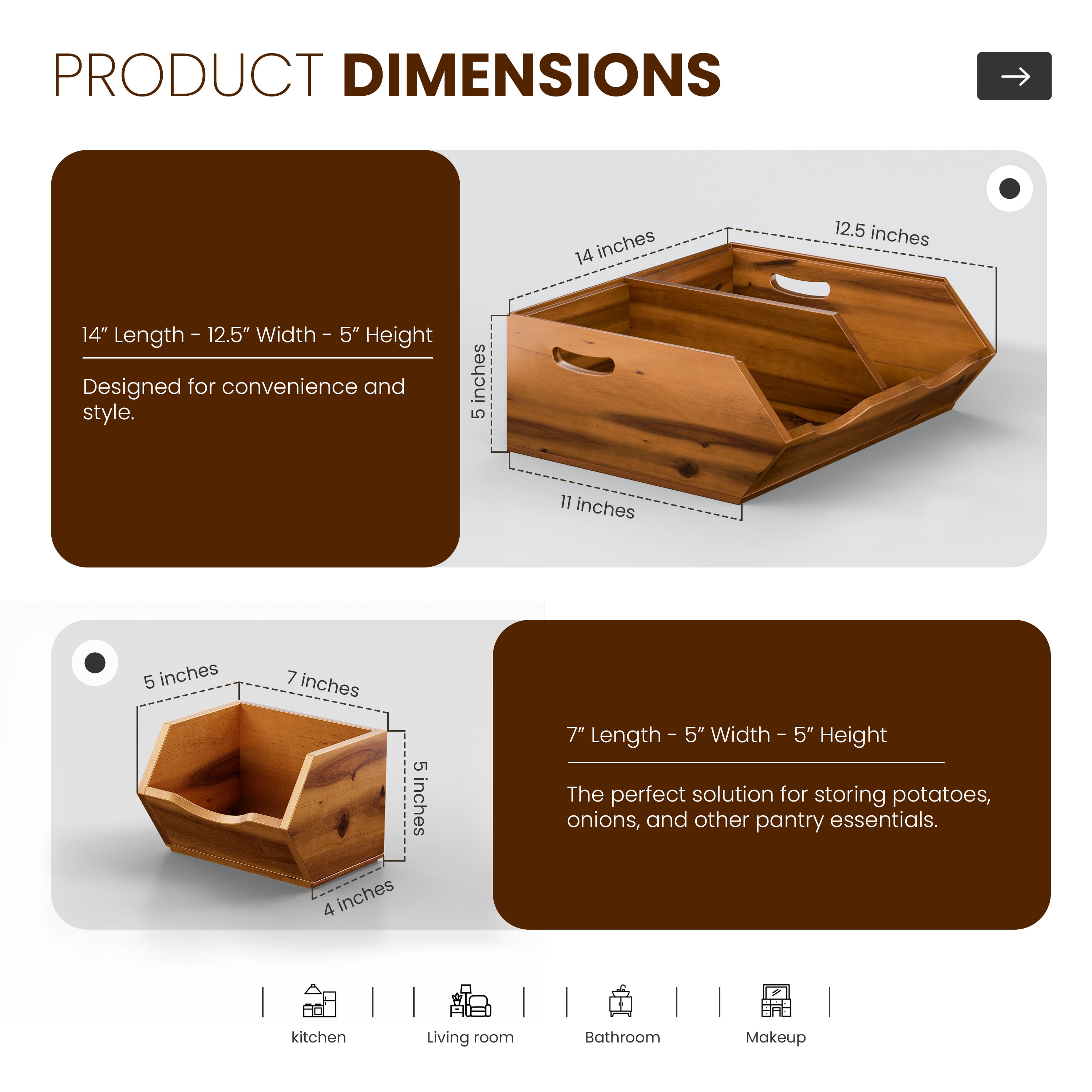 TIDITA Onion and Potato Storage Bins - Acacia Wood Pantry Baskets Organization and Storage - Wooden Stackable Baskets for Bread, Fruit, Vegetable - Onion Basket for Kitchen Counter