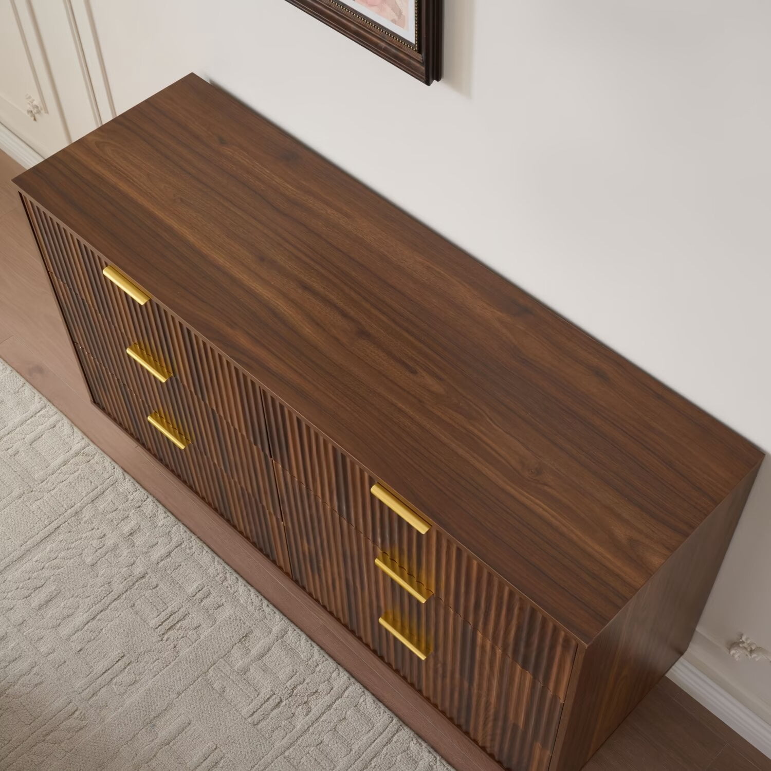 6 Drawers Dresser for Bedroom Closet, Mid Century Modern 56" Wide Chest of Drawers,Dark Walnut