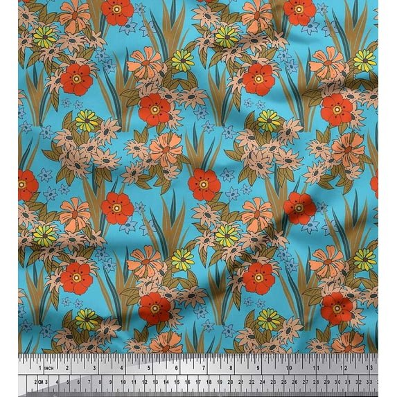 Soimoi Blue Cotton Duck Fabric Leaves & Floral Print Fabric by The Yard 42 Inch Wide