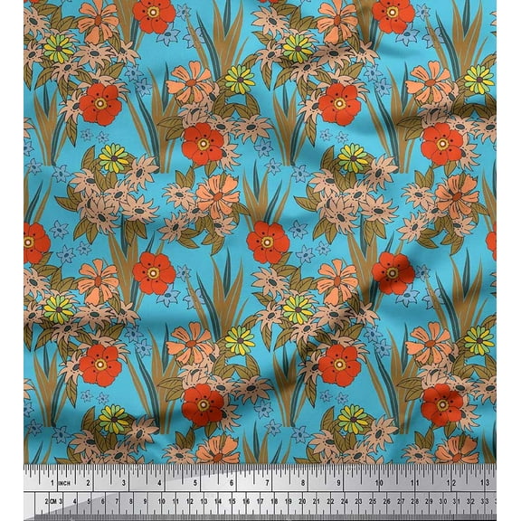 Soimoi Blue Cotton Duck Fabric Leaves & Floral Print Fabric by The Yard 42 Inch Wide