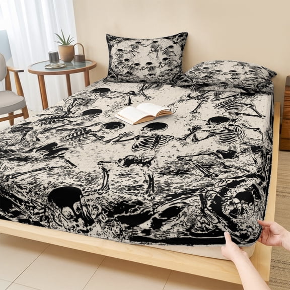 King Size Fitted Sheet Set - Halloween 3 Piece Bedding Sets 16" Deep Pocket Fitted Sheet with 2 Pillowcases, Skeleton Retro Black Beige Brushed Microfiber Hotel Luxury Bed Sheets