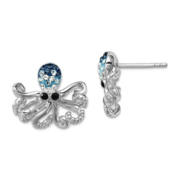 925 Sterling Silver Rhodium Plated Polished Crystal Octopus Post Earrings 14x16mm Wide Stud Earring for Women