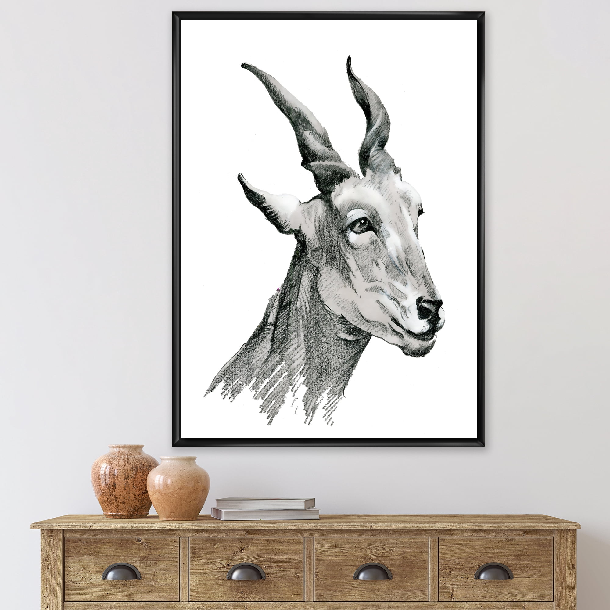Designart 'Black and White Portrait Of Goat I' Farmhouse Framed Canvas Wall Art Print