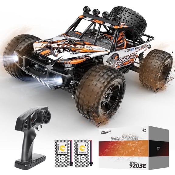 DEERC 1:10 Scale RC Car for Adults & Boys, 48KM/H Speed 4X4 Hobby RC Monster Truck with Lights, 2 Rechargeable Batteries, 2.4 GHz All Terrain Remote Control Car Toys for 30mins Fun