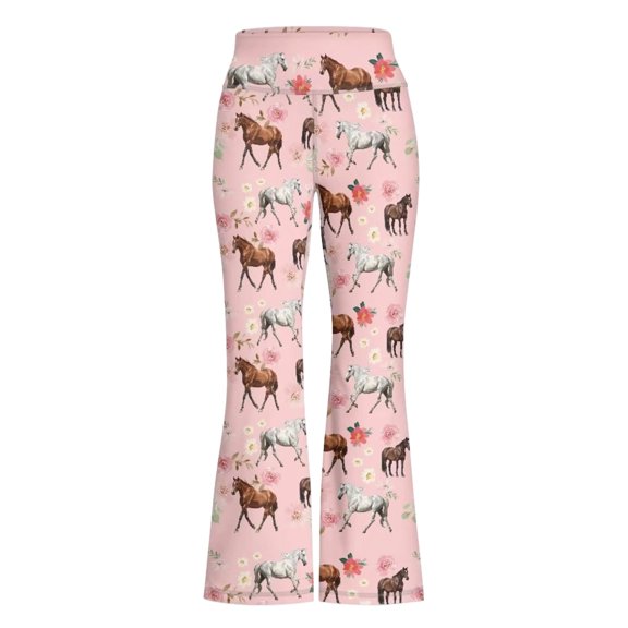 Kiijoy Girls Athletic Flare Pants Horse Print Stretchy Casual Trousers, Pink, Sizes 1-14