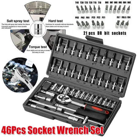 46Pcs Socket Set Metric Wrench 1/4" Drive Extension Bar Ratchet Repair Hand Tool