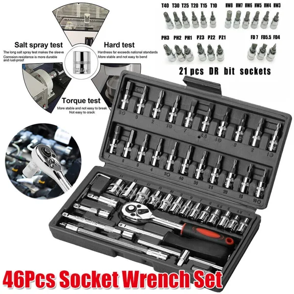 46Pcs Socket Set Metric Wrench 1/4" Drive Extension Bar Ratchet Repair Hand Tool