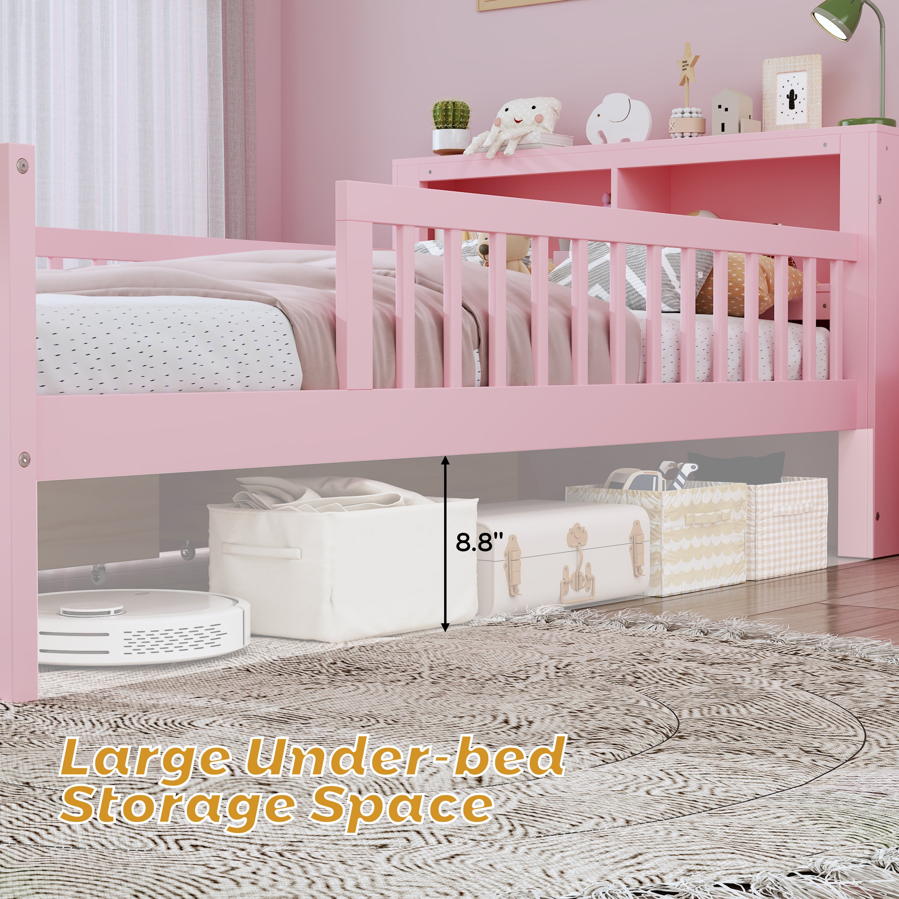 Euroco Wood Twin Size Platform Bed with Storage Headboard and Drawers, Low Profile Bed with Guardrails for Kids and Toddlers, Pink