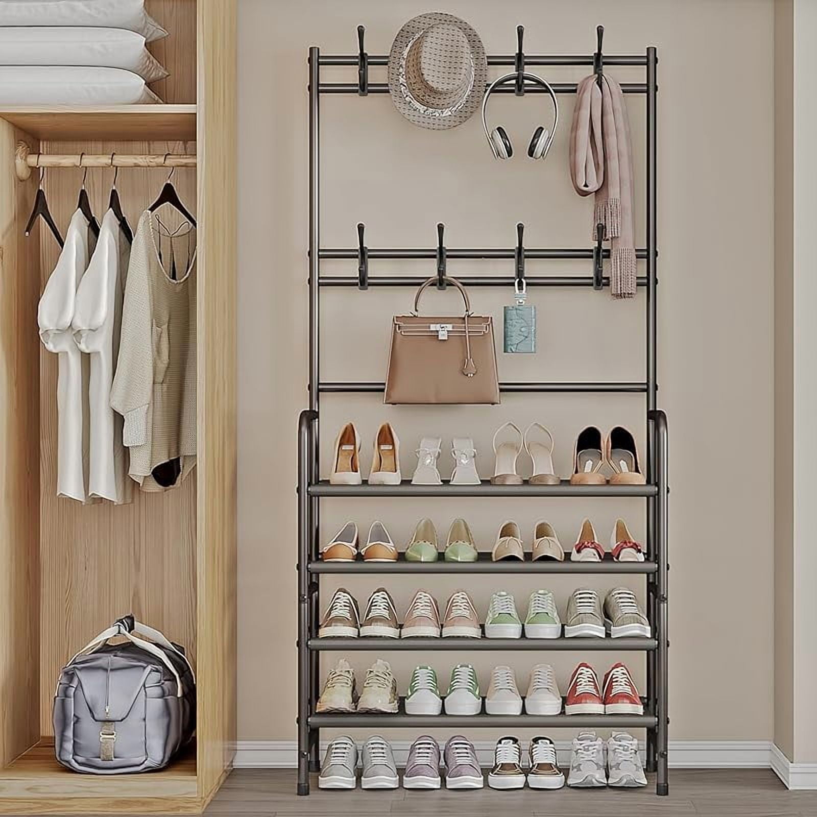 4 Tier Coat and Shoe Rack Entryway Coat Rack with 8 Hooks Shoes Organizer for Living Room Bedroom Office Brown