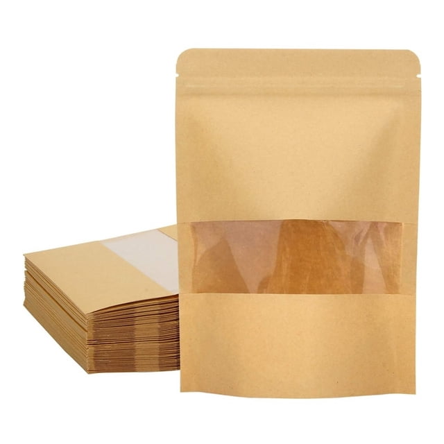 Bolsas Kraft Doypack con ventana de 9 x 14 x 3 cm, paquete de 50