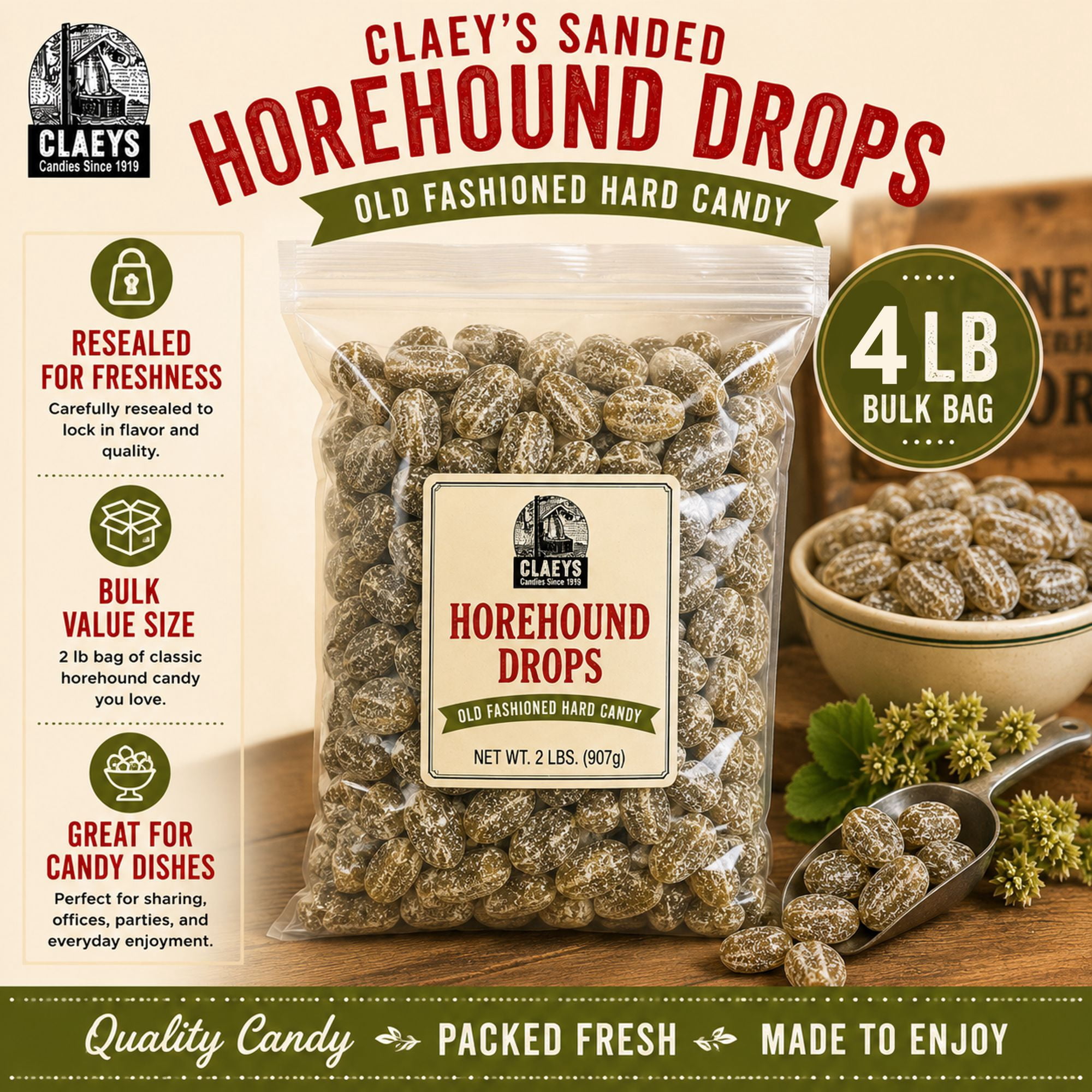 Claey's Horehound Hard Candy Drops Sanded Gluten-Free 4 lb Bulk Bag